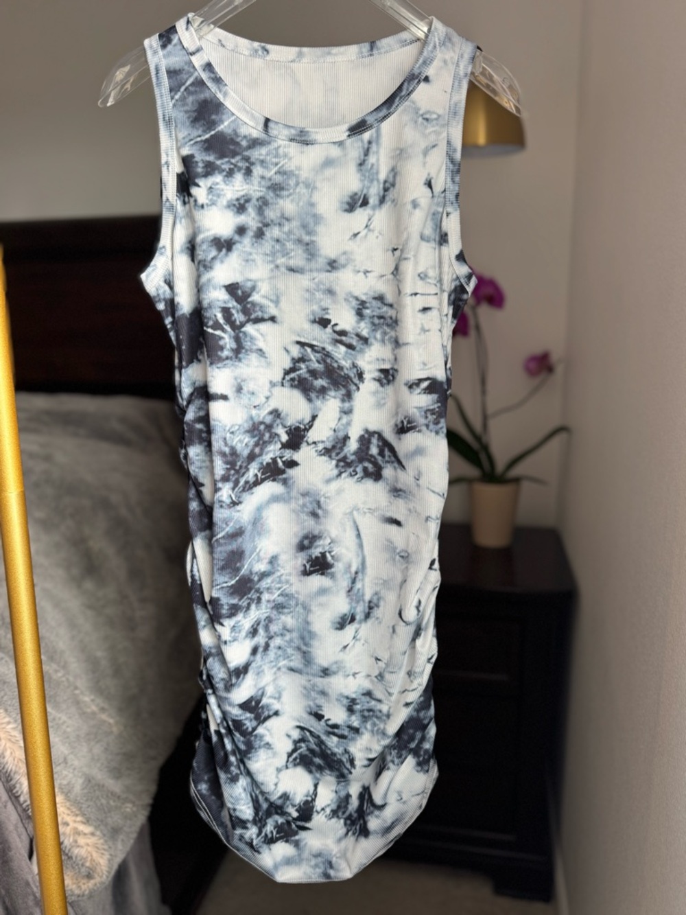 Tie-Dye Fitted Ruched Sleeveless Tank Dress - Black, Grey & White